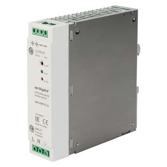 Фото товара Блок питания ARV-DRP70-12 (12V, 5A, 60W) (Arlight, IP20 DIN-рейка)