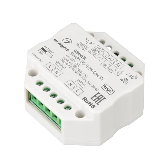 Фото товара Диммер SMART-D5-TUYA-DIM-IN (230V, 1.5A, TRIAC, WiFi, 2.4G) (Arlight, IP20 Пластик, 5 лет)