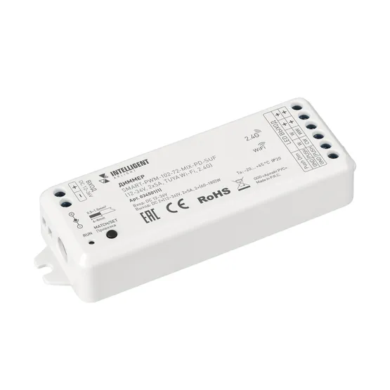 Фото товара INTELLIGENT ARLIGHT Диммер SMART-PWM-102-72-MIX-PD-SUF (12-36V, 2x5A, TUYA Wi-Fi, 2.4G) (IARL, IP20 Пластик, 5 лет)
