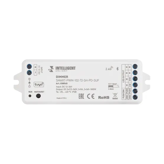 Фото #3 товара INTELLIGENT ARLIGHT Диммер SMART-PWM-102-72-SH-PD-SUF (12-36V, 2x5A, TUYA BLE, 2.4G) (IARL, IP20 Пластик, 5 лет)